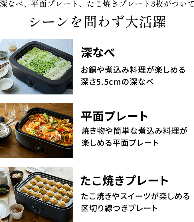 深なべ、平面プレート、たこ焼きプレート3枚がついて シーンを問わず大活躍 【深なべ】お鍋や煮込み料理が楽しめる深さ5.5cmの深なべ 【平面プレート】焼き物や簡単な煮込み料理が楽しめる平面プレート 【たこ焼きプレート】たこ焼きやスイーツが楽しめる区切り線つきプレート