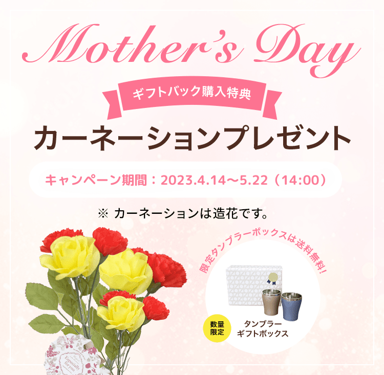 Mother's Day 【ギフトバック購入特典】カーネーションプレゼント ［キャンペーン期間：2023年4月14日～5月22日（14:00）］ ※カーネーションは造花です。 数量限定 タンブラーギフトボックス 限定タンブラーボックスは送料無料！
