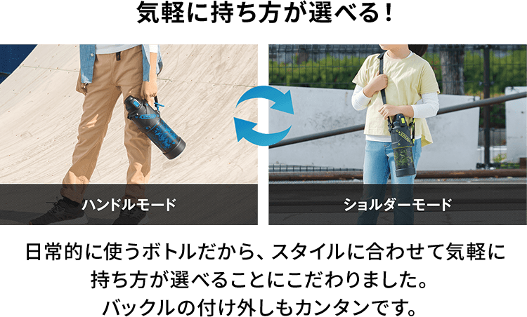 【気軽に持ち方が選べる！】 日常的に使うボトルだから、スタイルに合わせて気軽に持ち方が選べることにこだわりました。バックルの付け外しもカンタンです。