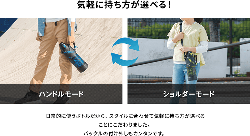 【気軽に持ち方が選べる！】 日常的に使うボトルだから、スタイルに合わせて気軽に持ち方が選べることにこだわりました。バックルの付け外しもカンタンです。