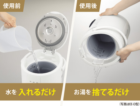「広口容器」で給水も湯捨てもラクラク